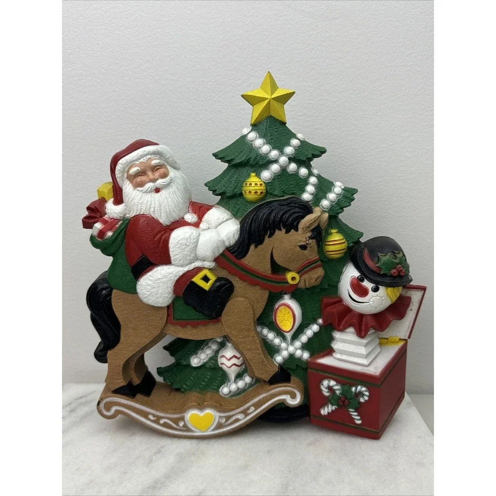 Vintage Burwood Products Christmas Tree Santa Claus Wall Hanging Rocking Horse